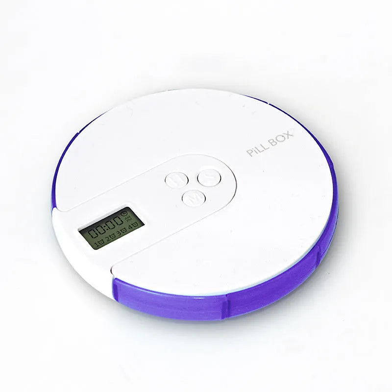 7-compartment alarm clock pill dispenser in blue plastic with digital display
