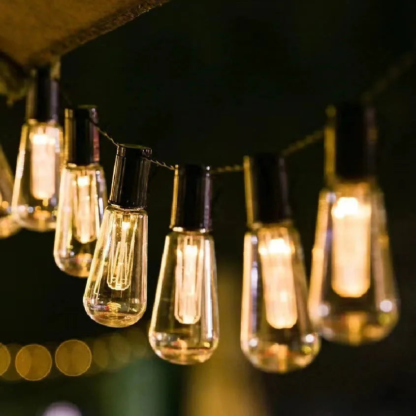 Outdoor solar string lights with retro long bulb infusion bottle shape design
