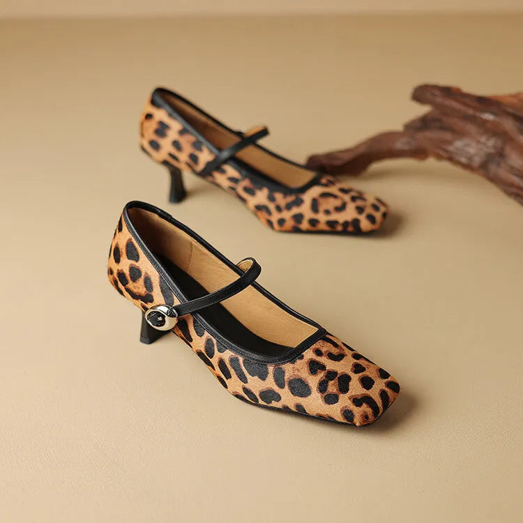 Women's black square toe stiletto ankle-strap shoes with horse hair upper and buckle fastening