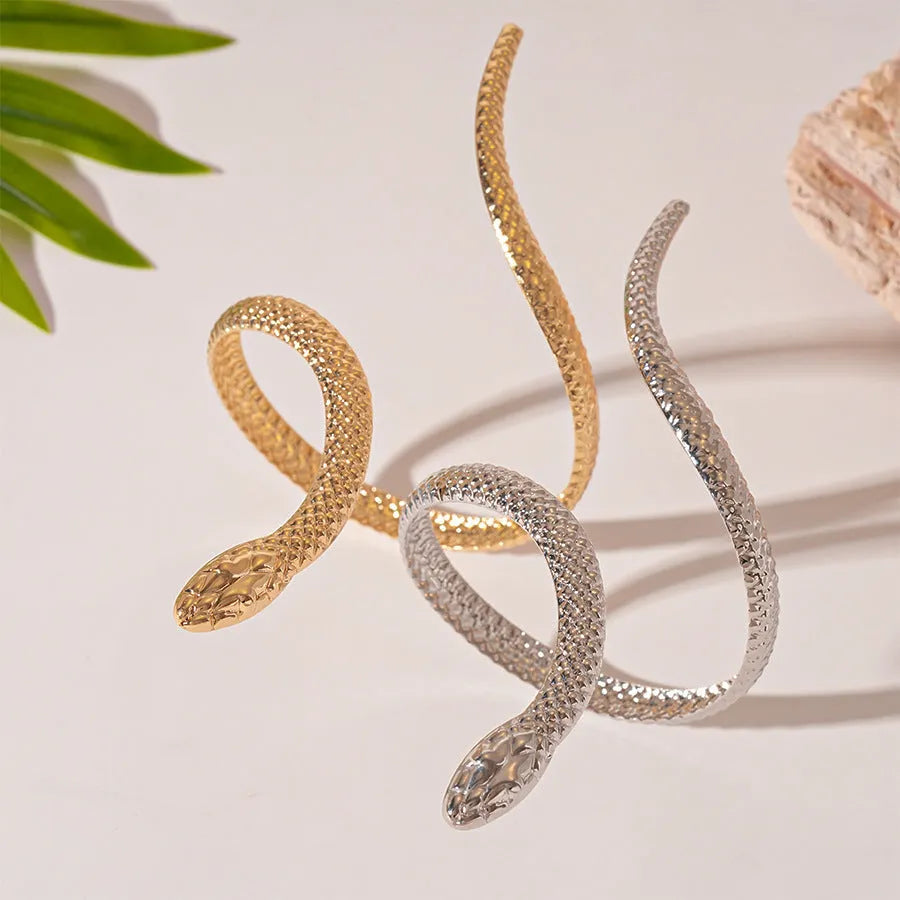 Simulated snake opening ring bracelet two-piece set with exaggerated twisted winding design
