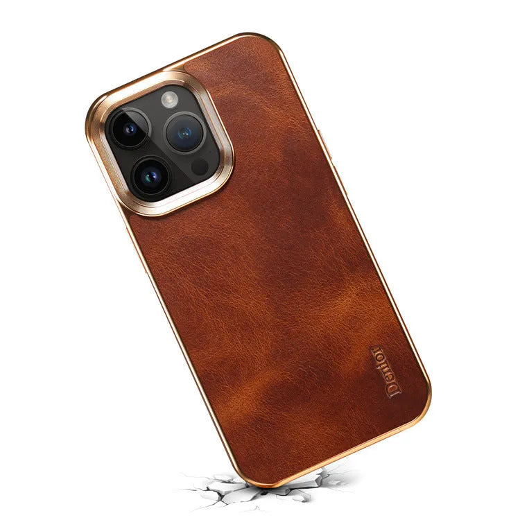 Handmade leather iPhone case in vintage oil wax leather with slim profile and 360-degree protection