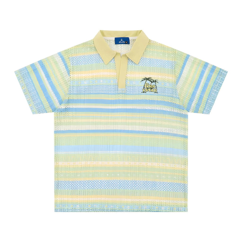 Men's blue printed short sleeve shirt with elastic polyester fabric in loose casual fit