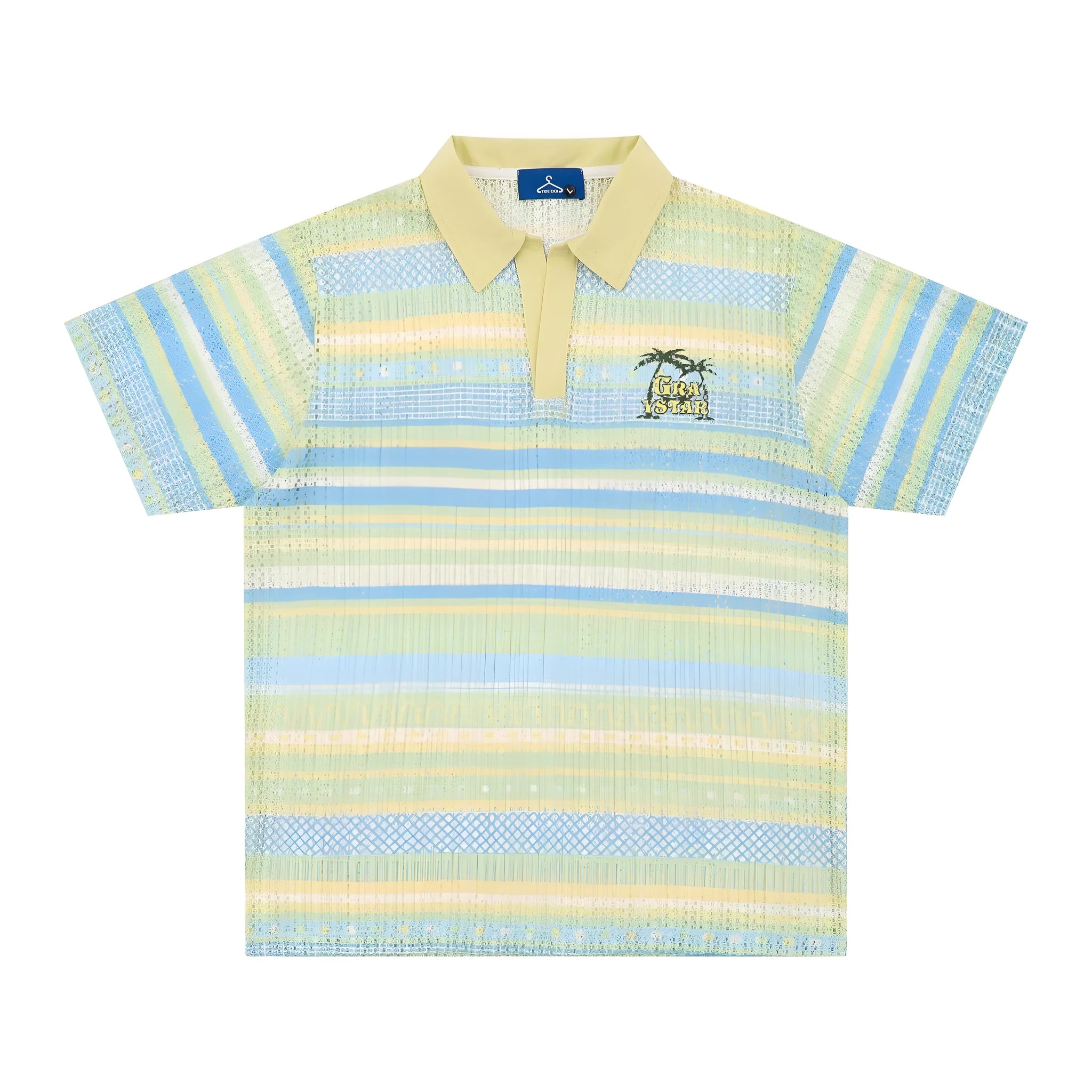 Men's blue printed short sleeve shirt with elastic polyester fabric in loose casual fit