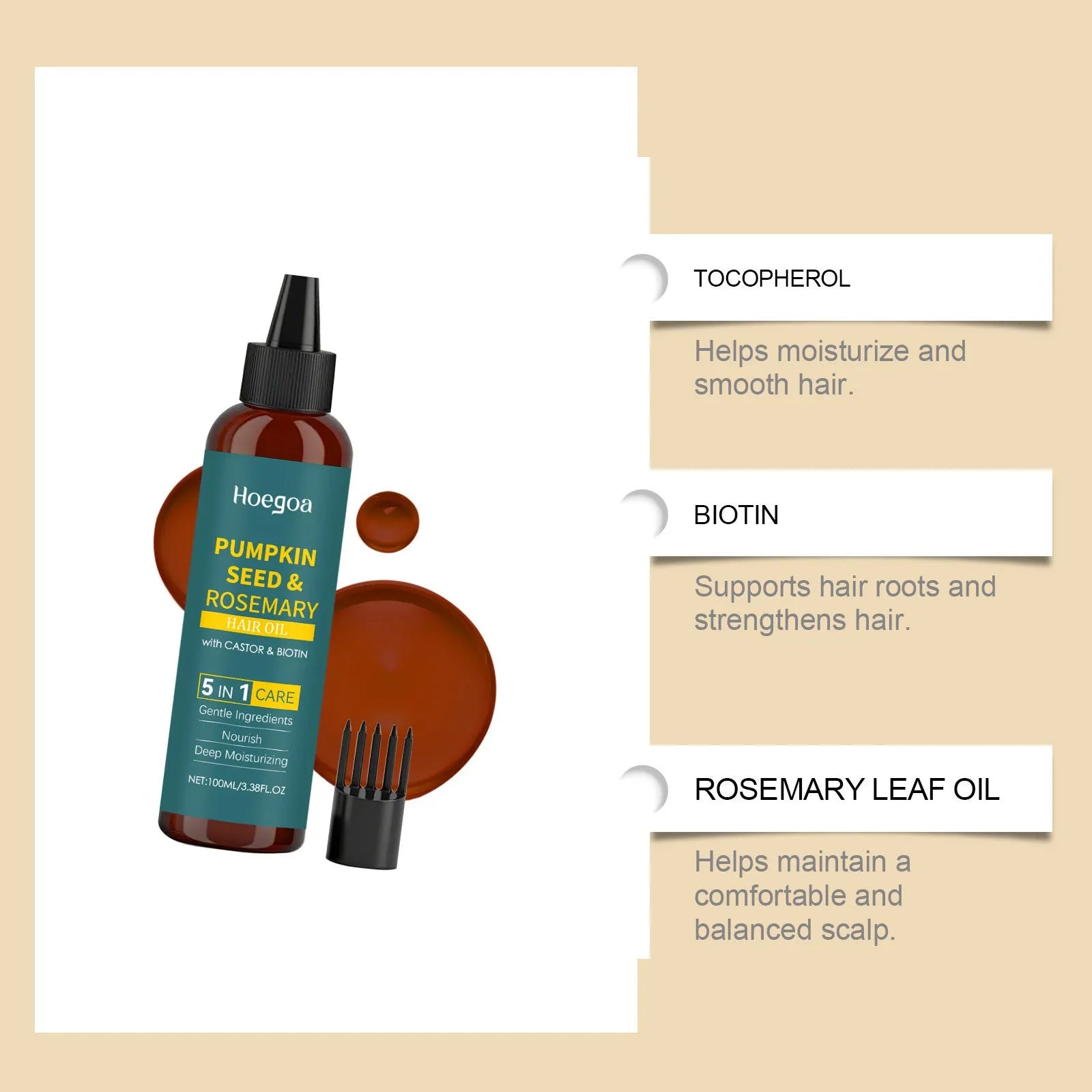 Rosemary essential oil 100ml bottle with pointed applicator tip and hair comb for scalp treatment