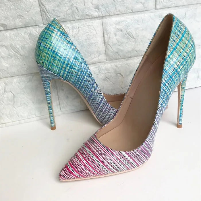Pink blue gradient patent leather pointed toe high heels with sheepskin insoles on rubber soles