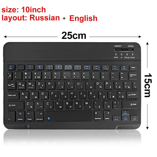 Compact black or white mini Bluetooth wireless keyboard for tablets with a 10-metre range.