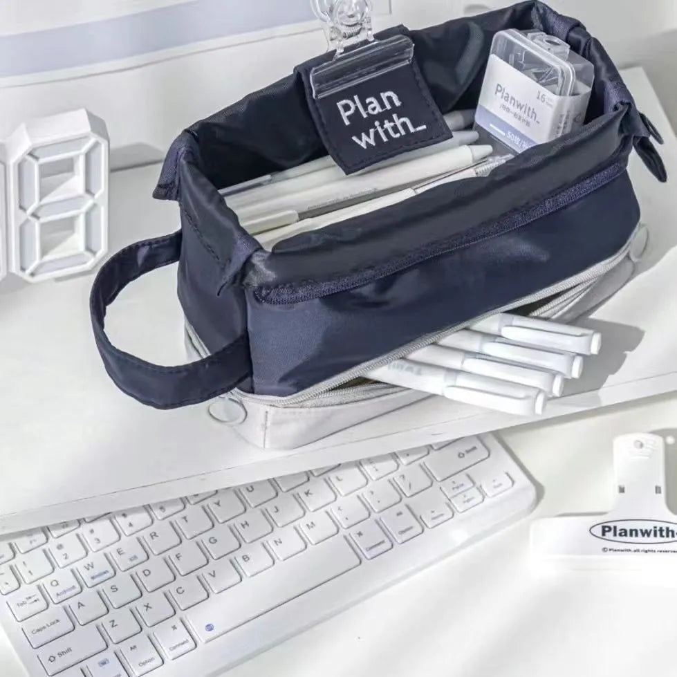 Folding double layer pencil case in polyester fabric for student stationery organisation