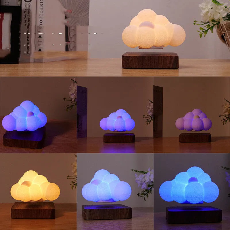 Magnetic levitation cloud lamp with 3D-printed floating cloud and touch control base in warm colour