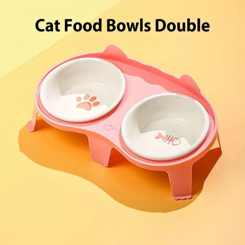 Ceramic cat food and water bowl set with elevated tilted stand in choice of colours