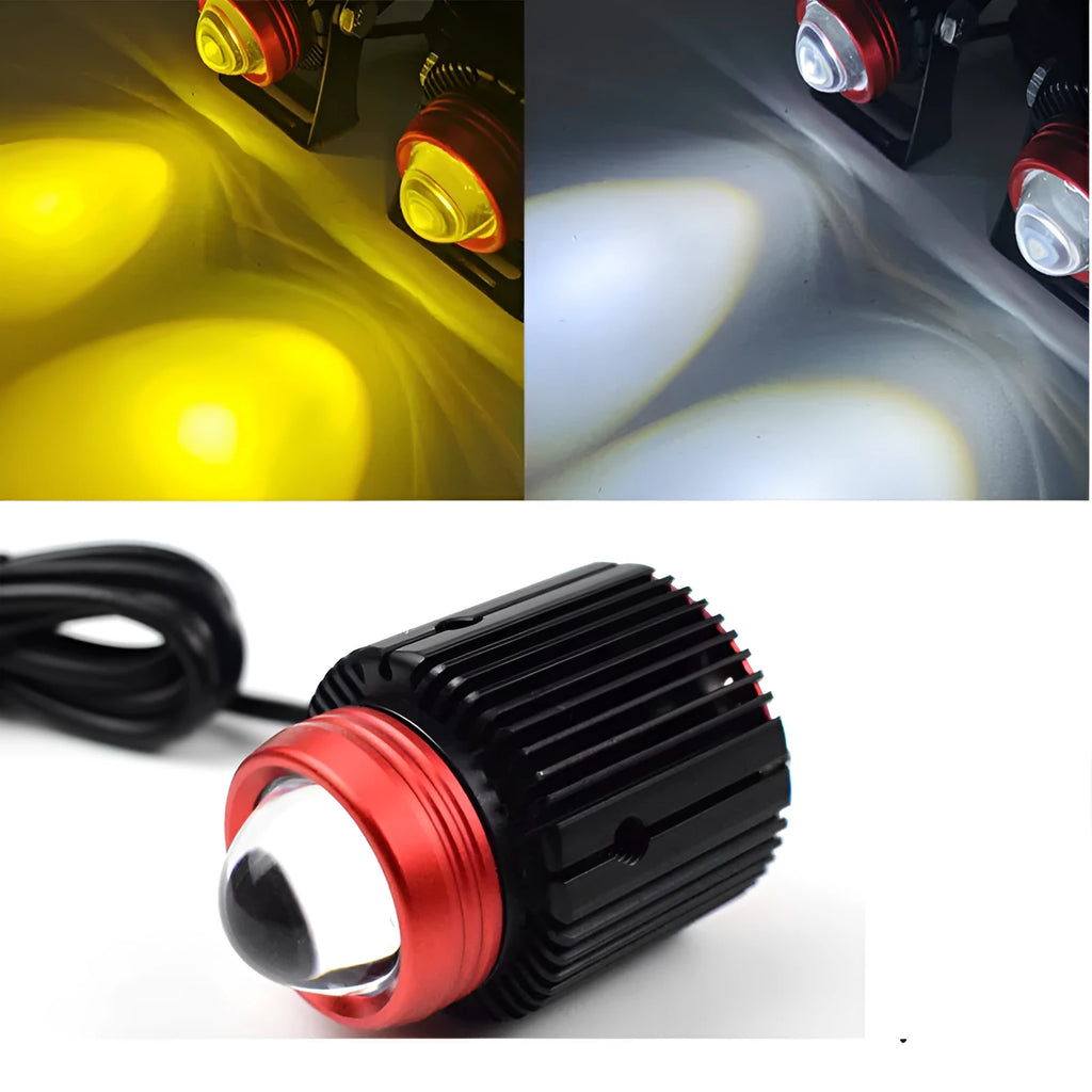 Small steel cannon 30W dual-color LED spotlight with red housing, copper heat strip, and fan, for motorcycle car SUV