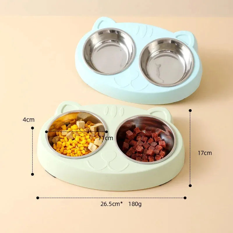 Plastic double bowl pet feeder tray in macaron colours for cat and dog food and water