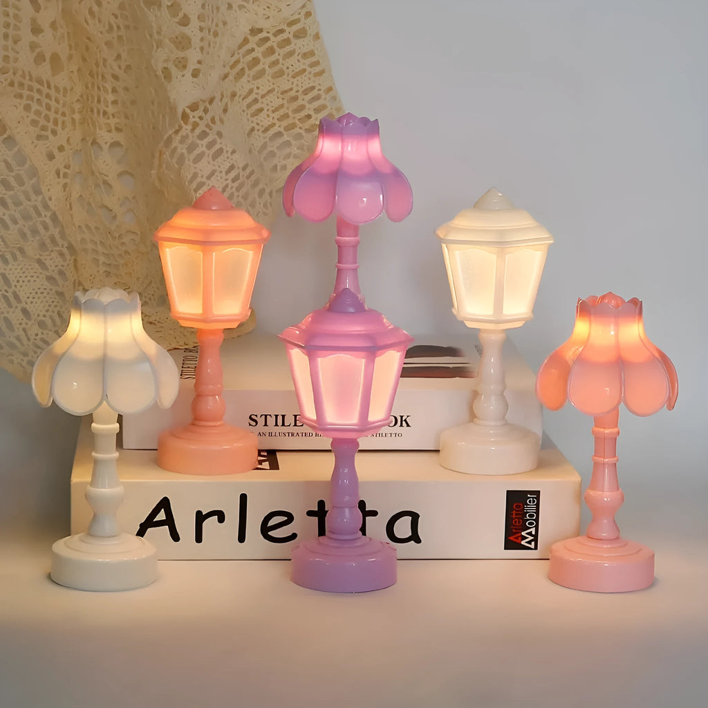 Retro pagoda small night lamp with geometric stereo design in light purple colour