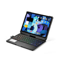 Black Bluetooth keyboard with 360-degree rotation and backlit keys for iPad tablets