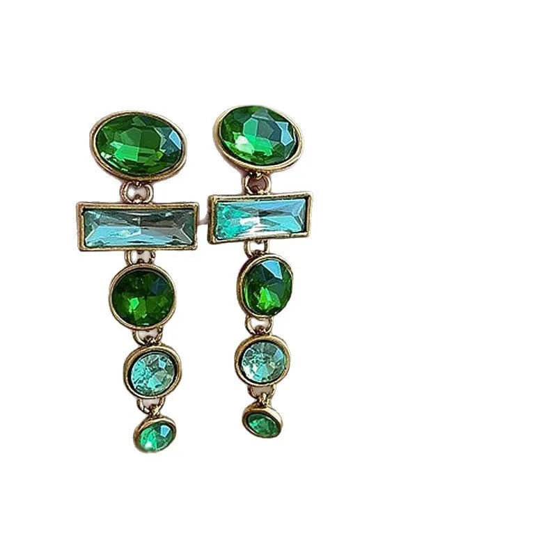 A pair of green gradient geometric alloy earrings with a tassel and inlaid zircon stones in a Chinese retro style.