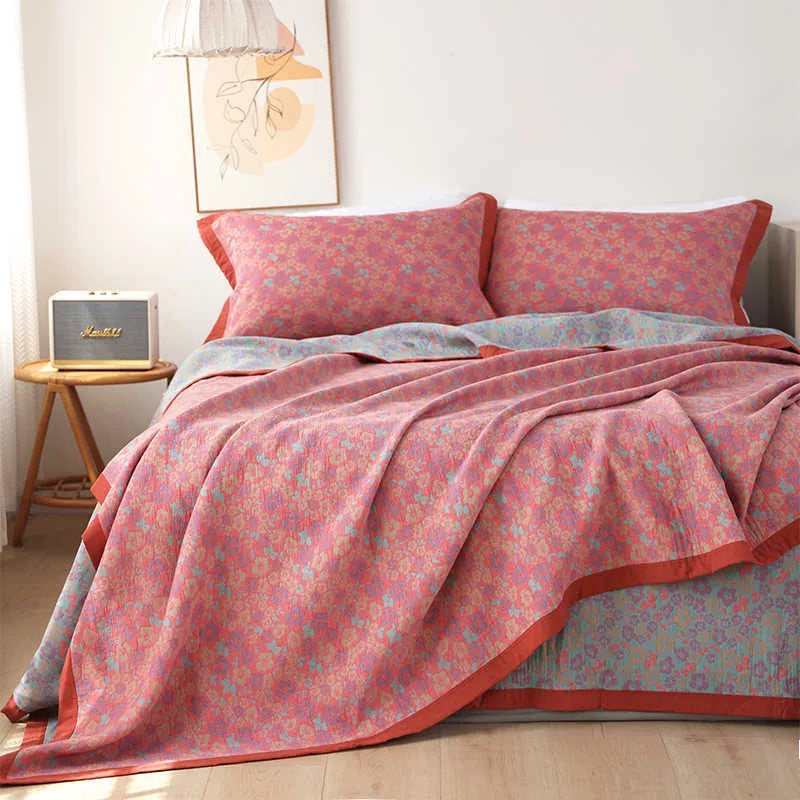 Cotton gauze bed blanket and pillowcase set with plant and flower pattern