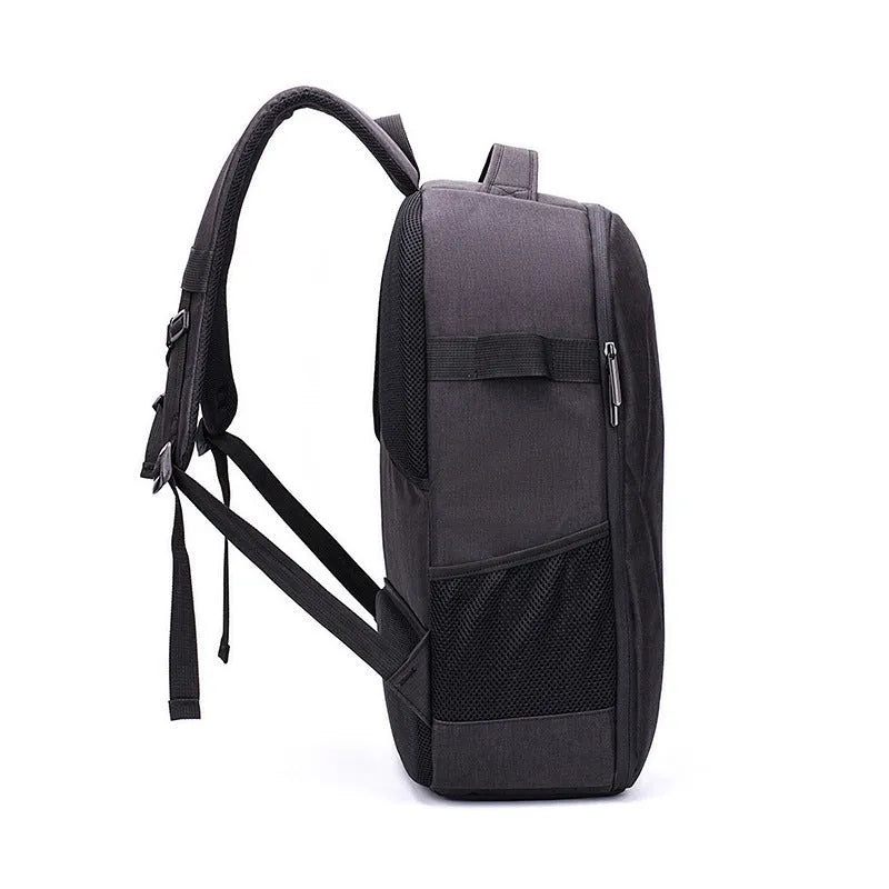 Black Oxford cloth waterproof backpack for drone and camera equipment with multiple internal compartments