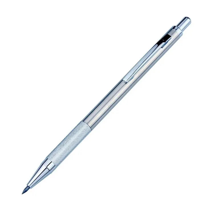 A metal automatic mechanical pencil with multiple lead size options including 0.5mm, 0.7mm, 0.9mm, 1.3mm, and 2.0mm.