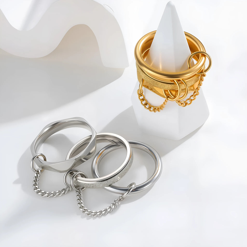 Titanium steel stacked ring for women, multi-ring combination geometric style, gold finish