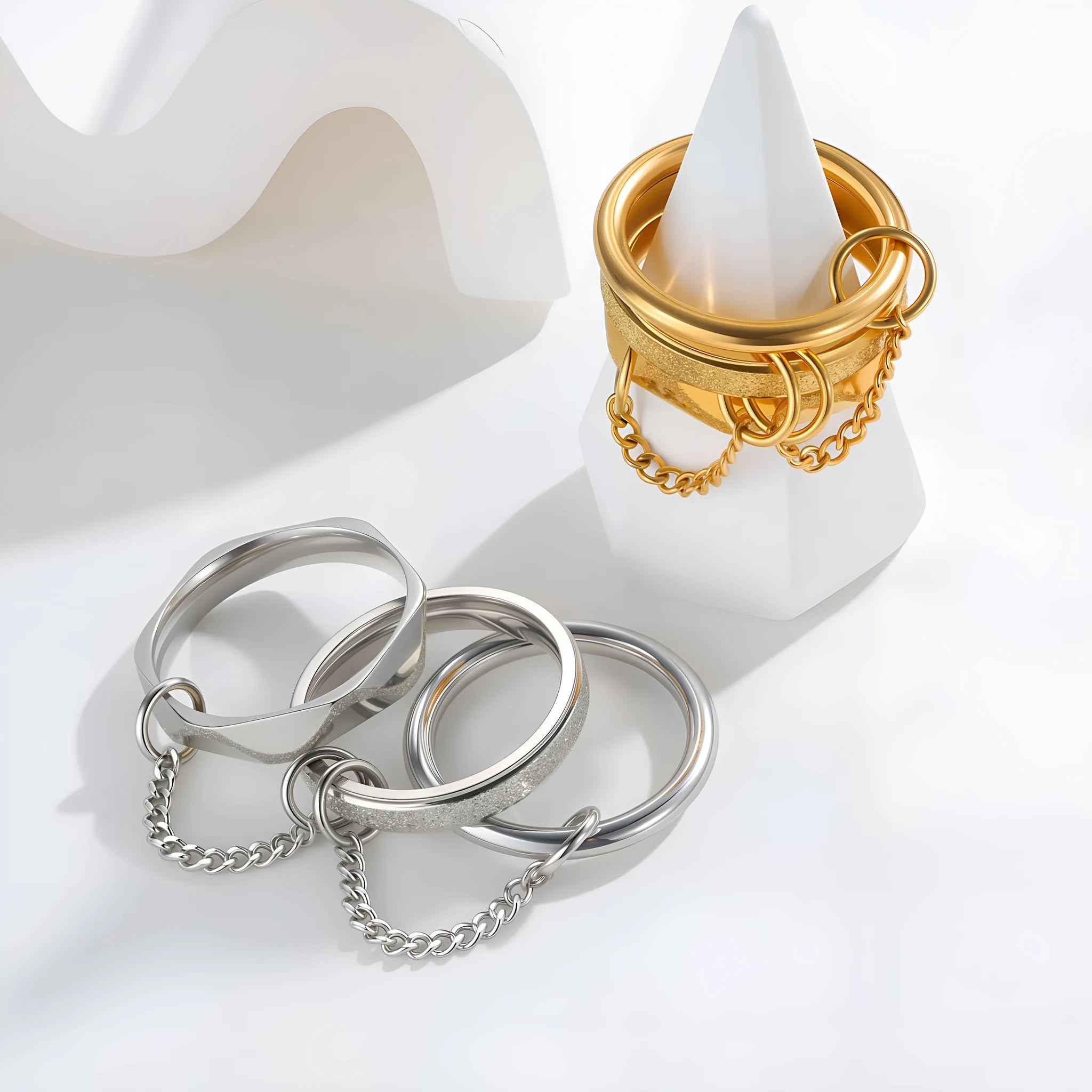 Titanium steel stacked ring for women, multi-ring combination geometric style, gold finish