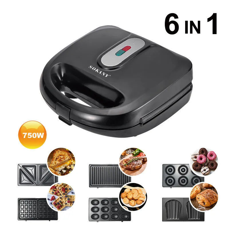 Black double-sided electric sandwich pan with stainless steel lid on a kitchen counter