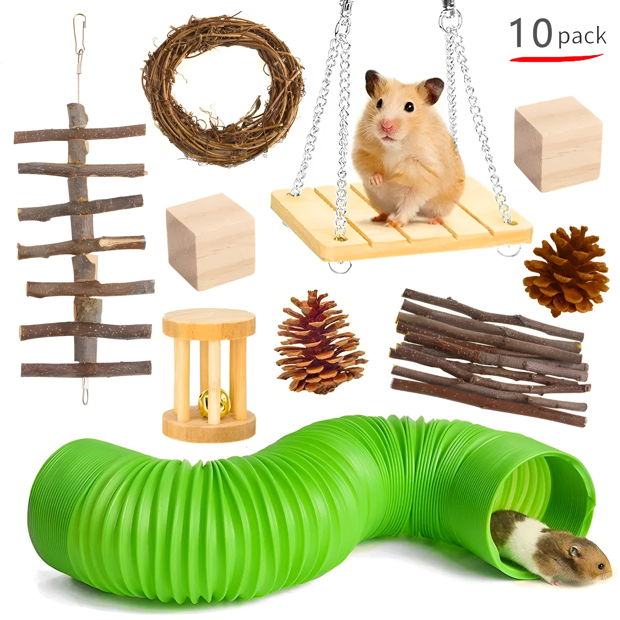 Wooden small animal toy set with chew toys and woven enrichment items for rabbits, guinea pigs or parrots