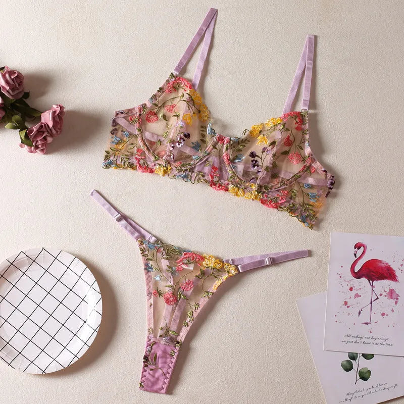 Floral single layer bra with steel ring T-back design in polyester mesh fabric