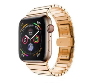 Silver stainless steel metal chain watch strap with butterfly buckle for Apple Watch.