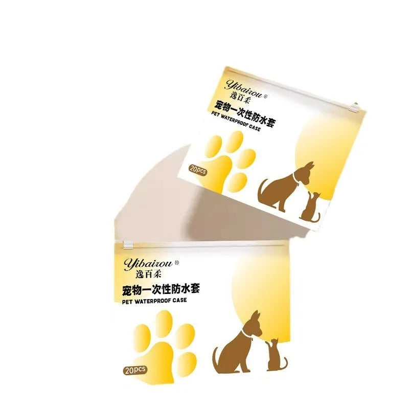 White disposable waterproof shoe covers for pets with slip-resistant soles in S and M sizes