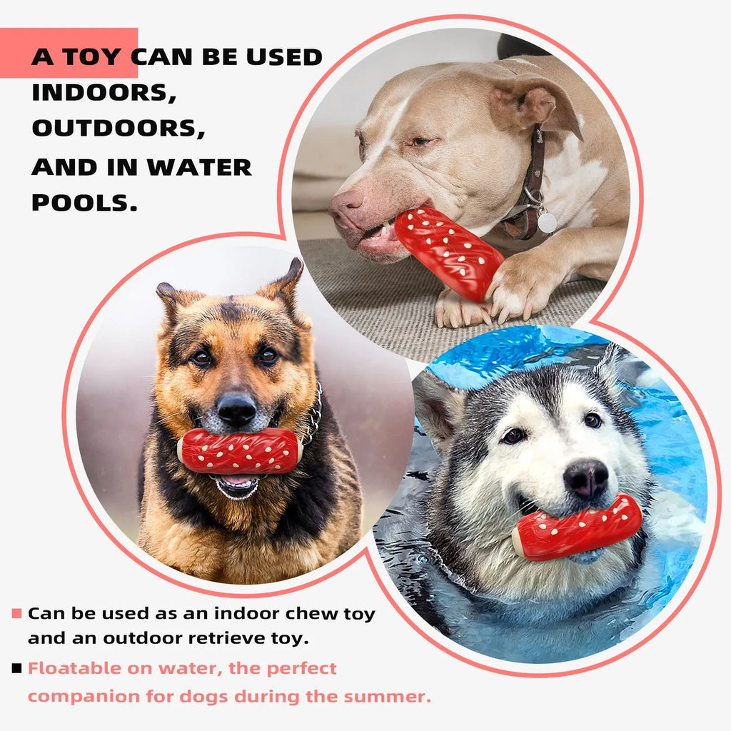 A primary-colour plastic molar rod dog chew toy with textured surfaces and a treat cavity.