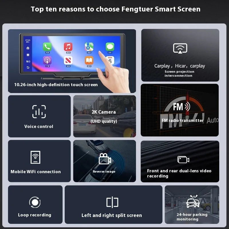 10-inch car smart screen with Apple CarPlay, driving recorder and navigation functions on touch screen
