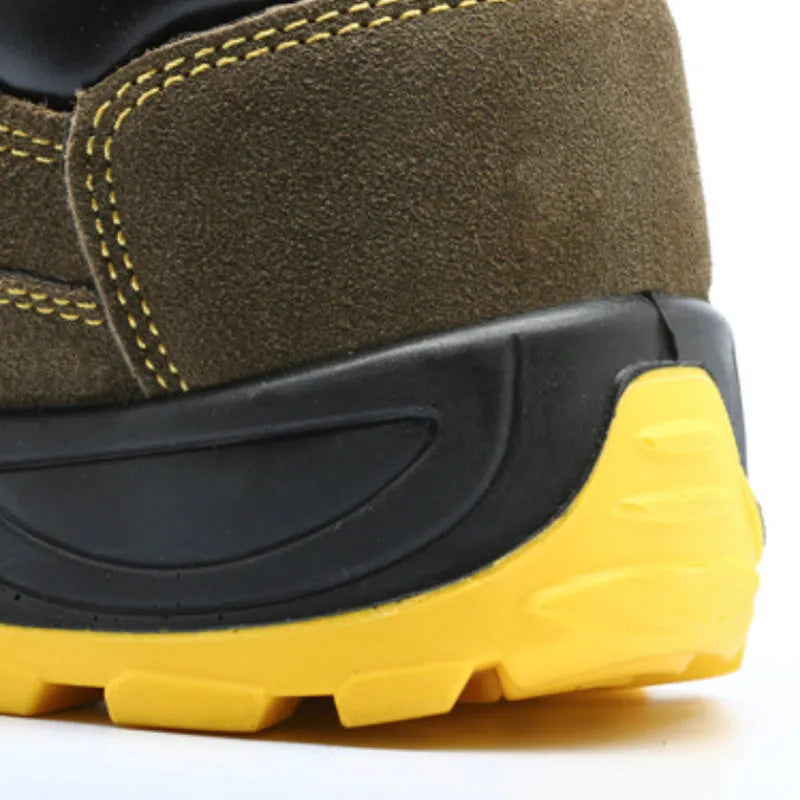 Bronze coloured cow suede leather safety boots with a steel toe cap on a non-slip sole.