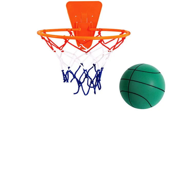 Silent high density foam basketball in assorted bright colours with basketball frame