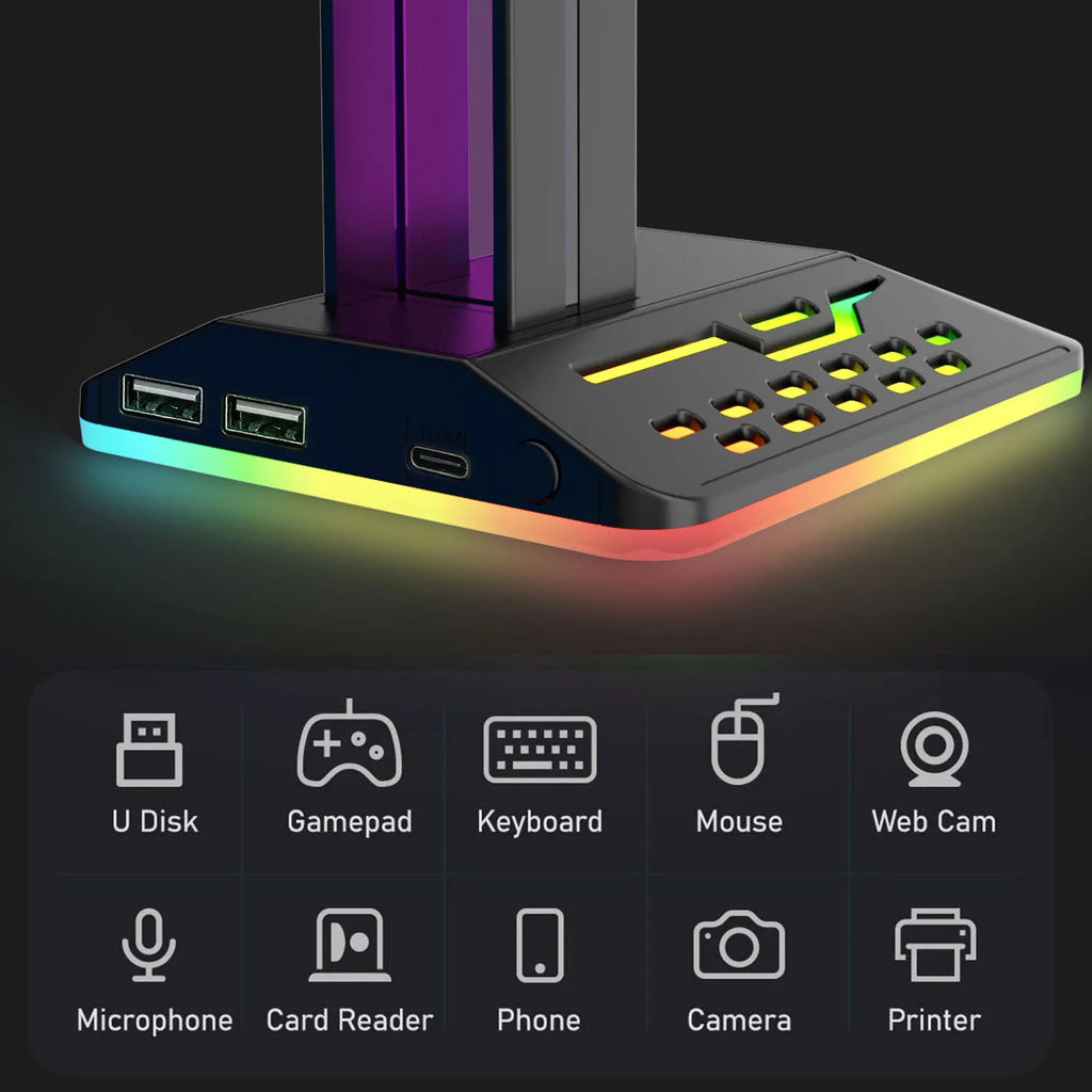 RGB headphone bracket with colour-changing LED lights and dual USB ports displaying headphones