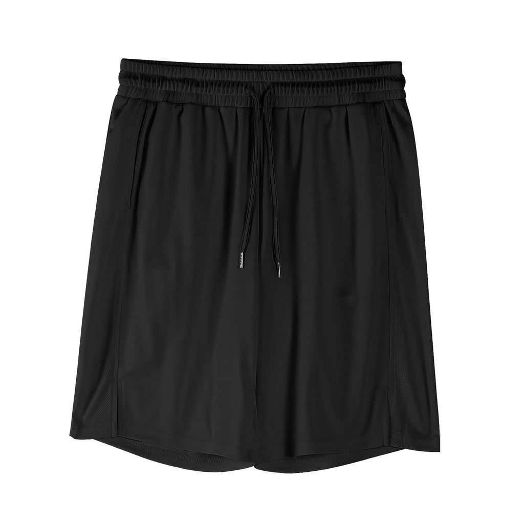 Men's black quick-drying mesh shorts with elastic waist and loose casual fit