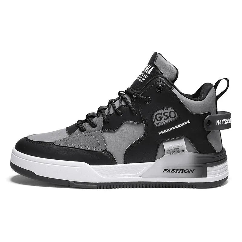 Men's canvas high-top sports casual shoes in khaki with PU upper, rubber sole, and slingback design on a white background.