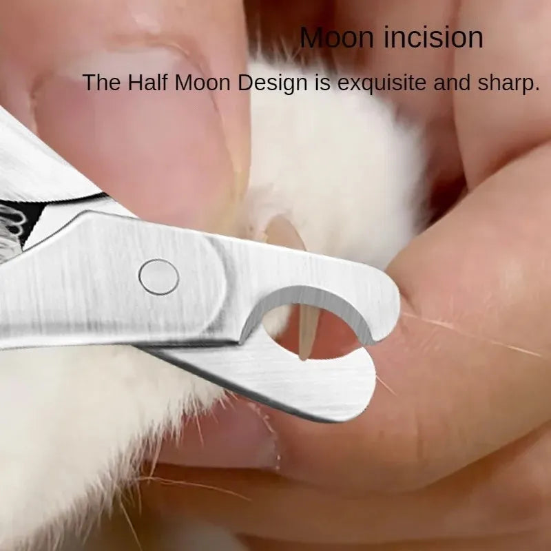Professional stainless steel pet nail clipper with safety stop guard and finger ring for dog and cat grooming.