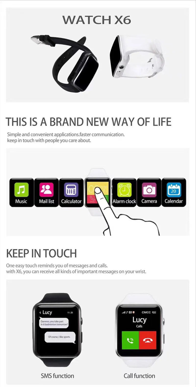 Black smart watch with 1.54 inch touch screen on a silicone strap, showing a clock face.