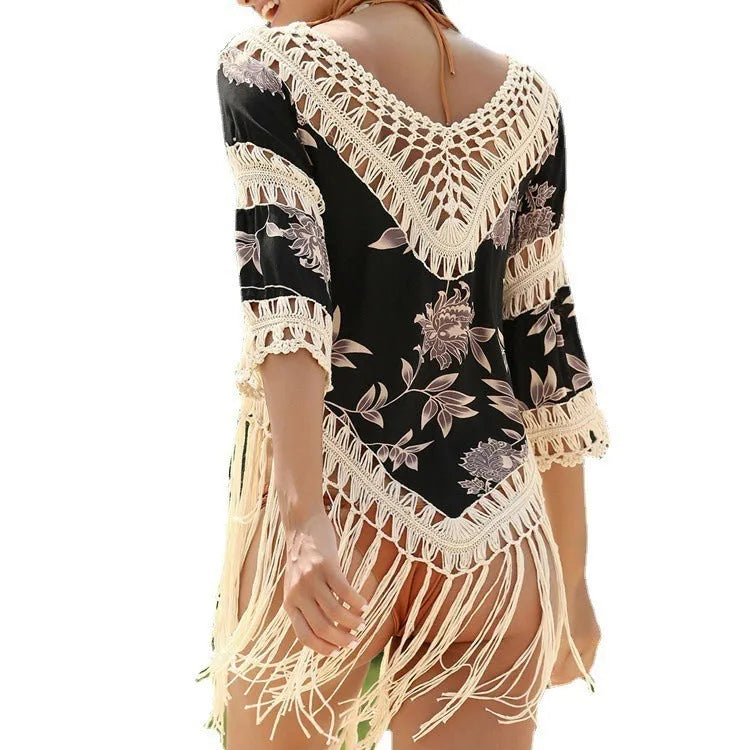Women's loose V-neck sun protection blouse with hollow-out design for beach swimming