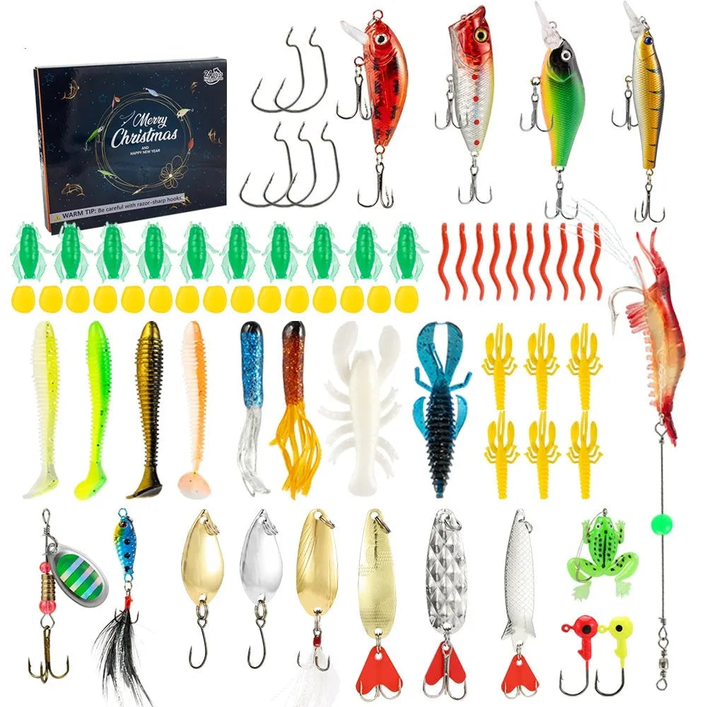 24-piece Christmas minnow fishing tackle set with metal lures and storage box in 01 style colour