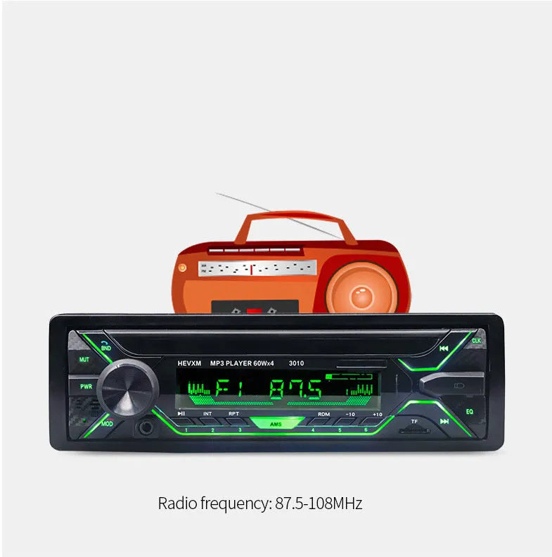 Front view of a car stereo with LCD display, control knobs, USB port, and card slot.