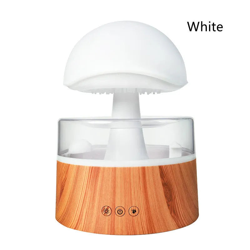 White cloud-shaped humidifier with LED lights and simulated rainfall, includes remote control