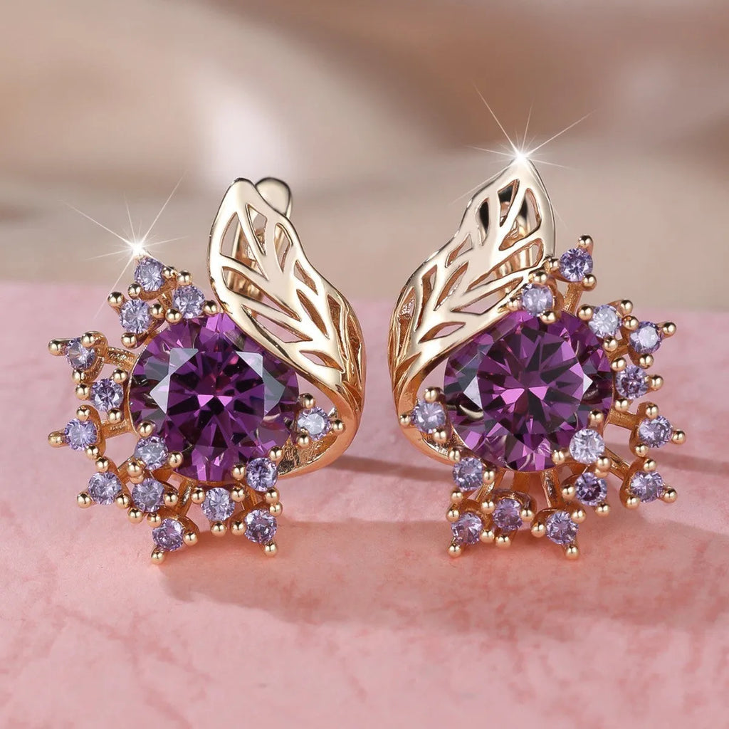Round flowers feather zircon earrings for women with champagne gold electroplated copper and six colour options