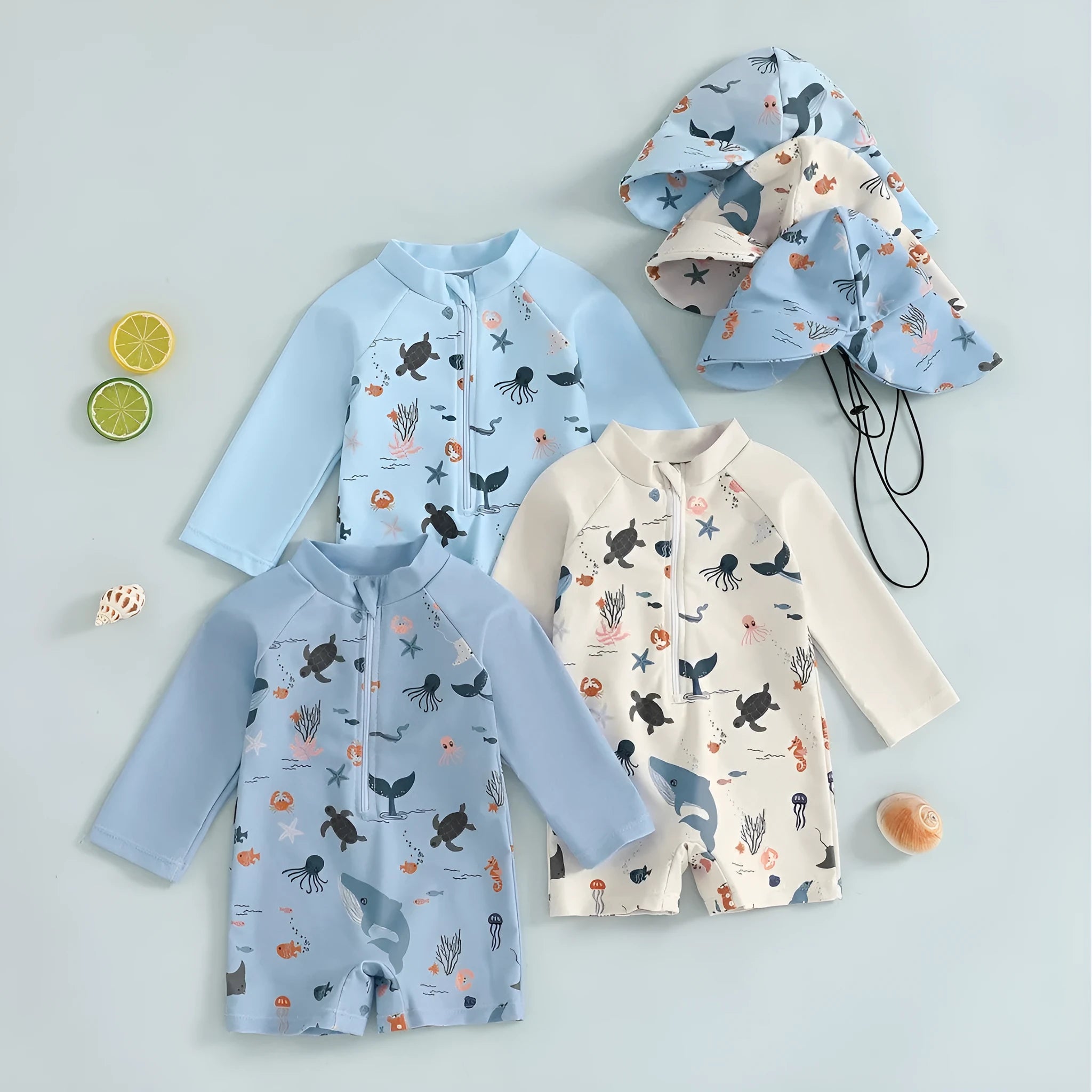 Boys one-piece long sleeve polyester swimsuit with hat in light blue cartoon pattern