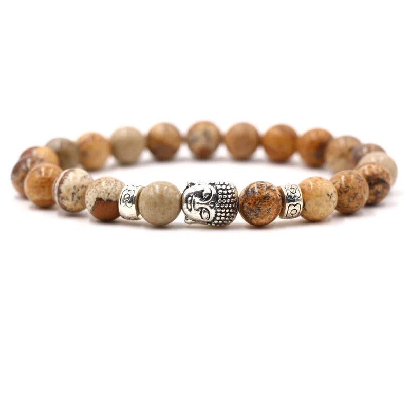 Tigereye Buddha head stretch bracelet with 8mm natural stone beads and 19cm circumference