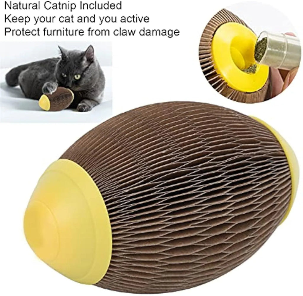 Ellipse-shaped grey corrugated cardboard catnip football toy with a scratch surface.