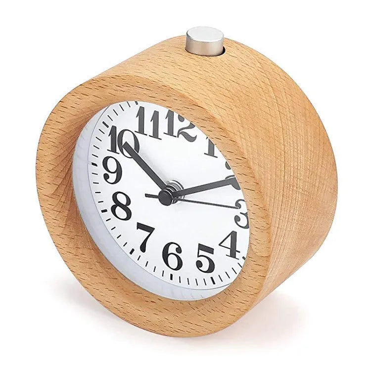 Solid beech wood silent snooze alarm clock showing wooden case and clear dial.