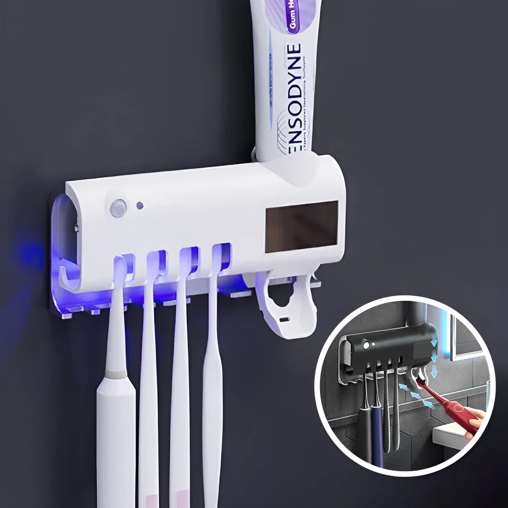 Black smart UV toothbrush steriliser with automatic toothpaste squeezer mounted on a bathroom wall