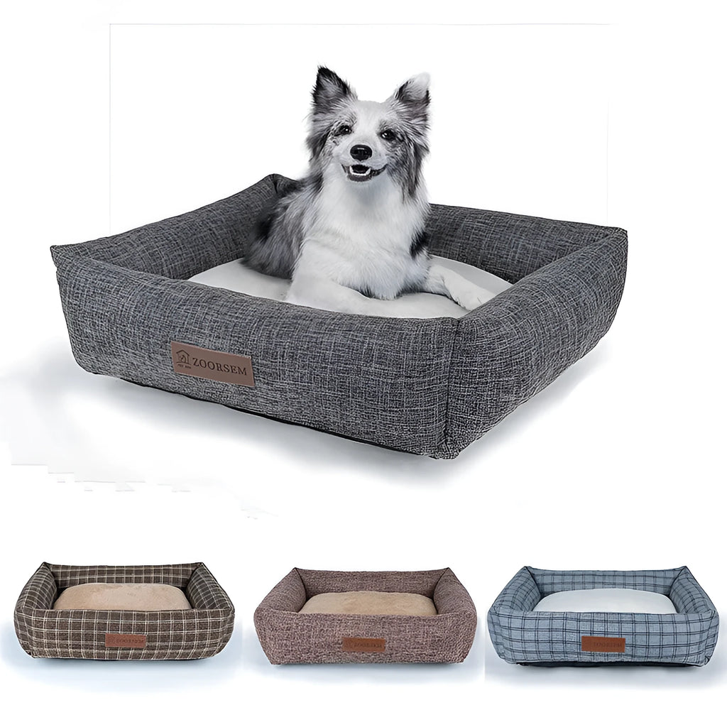 Square linen-style pet bed for dogs in gray brown plaid pattern for autumn winter warmth