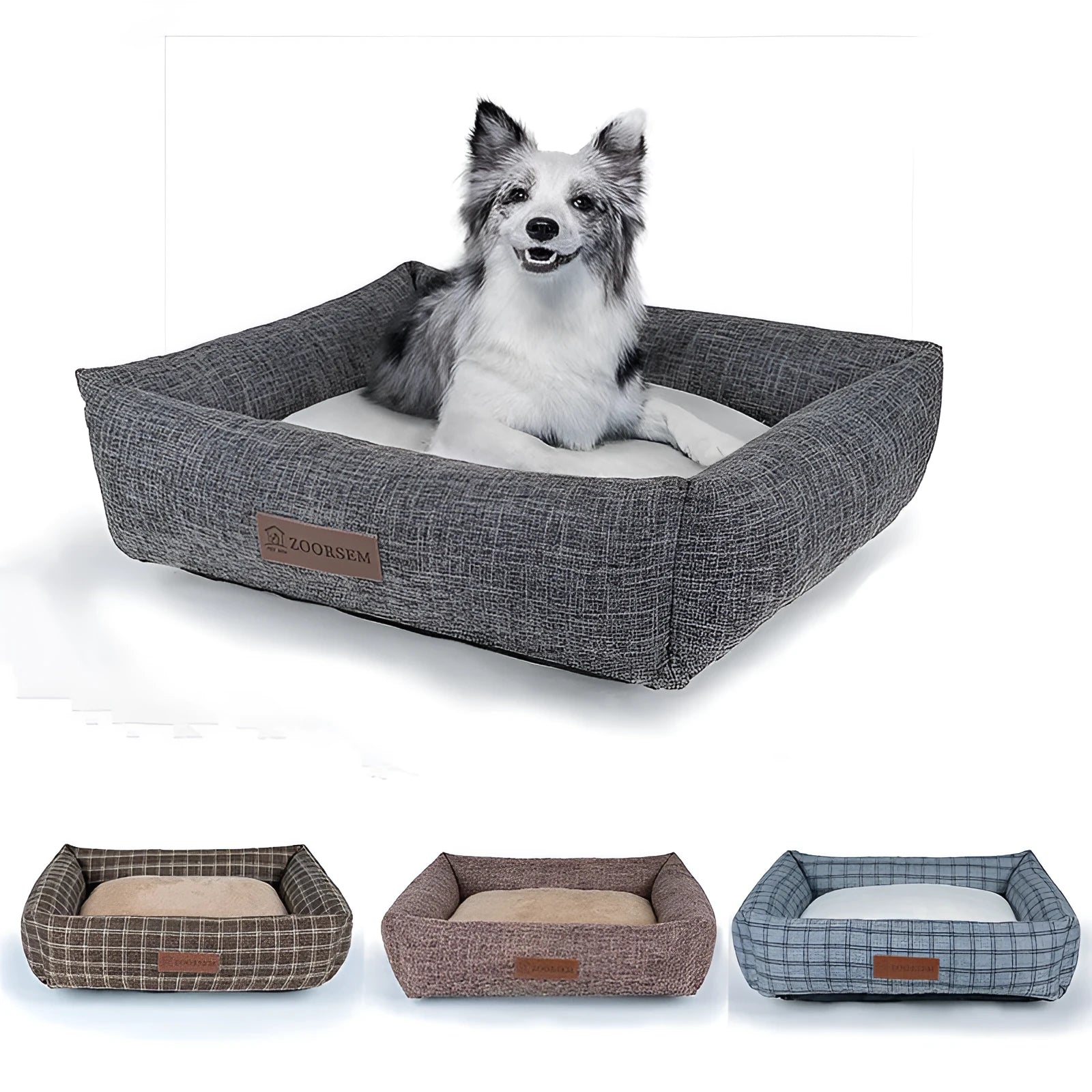 Square linen-style pet bed for dogs in gray brown plaid pattern for autumn winter warmth