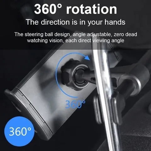 Black universal car phone and tablet holder with adjustable arm mounted on a rear seat base.